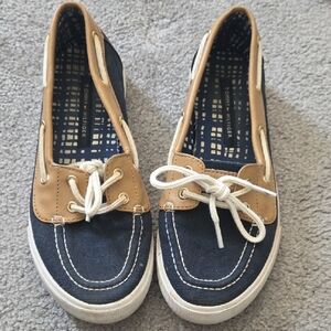 Tommy Hilfiger Navy and Tan Canvas Boat Loafers
